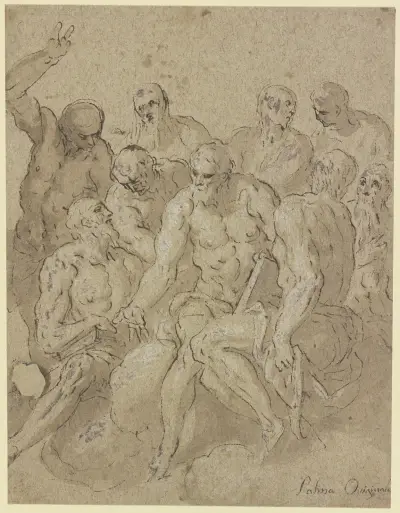 Neun Männerakte mit Büchern, auf Wolken sitzend av Jacopo Palma il Giovane