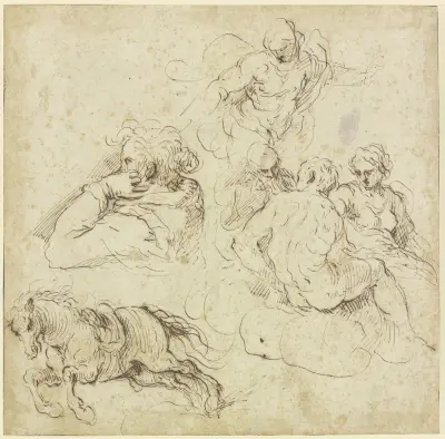 Study sheet with galloping horse, a woman in profile looking left, a group of figures on clouds and an angel av Jacopo Palma il Giovane