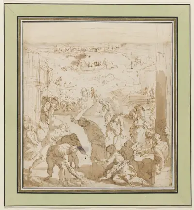 The Venetians Defend Themselves against the Siege of Pippin, 1579 – nr 1 av Jacopo Palma il Giovane