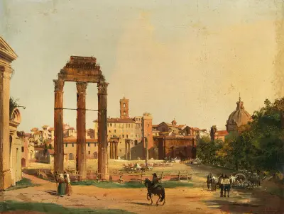Rome, a View of the Roman Forum with the Temple of Castor and Pollux av Ippolito Caffi