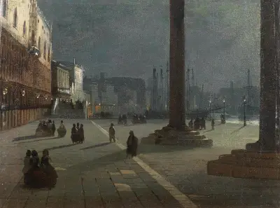 Venedig, Blick auf den Molo di San Marco mit der Riva degli Schiavoni im Mondlicht von Ippolito Caffi