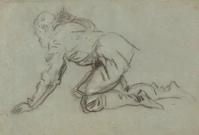 A Kneeling Man Holding a Staff (recto) von Jacopo Tintoretto