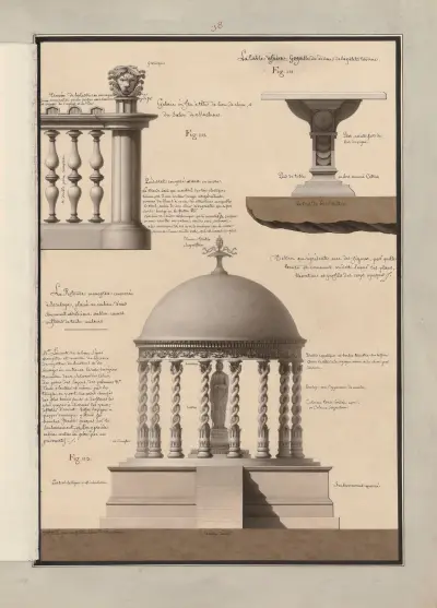 Dessin qui représente avec des figures, par quelle(s) teintes, et comment on doit laver les plans, élévations et profils des corps opaques, 1777 – nr 4 av Jean Jacques Lequeu