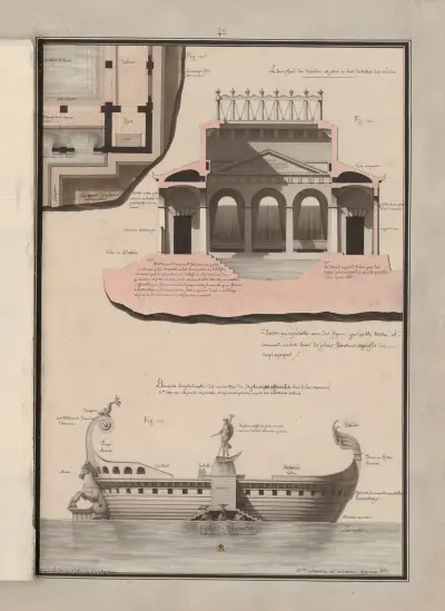 Dessin qui représente avec des figures, par quelle(s) teintes, et comment on doit laver les plans, élévations et profils des corps opaques, 1777 – nr 5 av Jean Jacques Lequeu