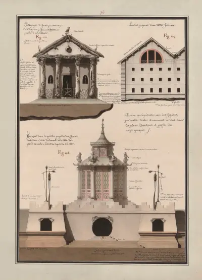 Dessin qui représente avec des figures, par quelle(s) teintes, et comment on doit laver les plans, élévations et profils des corps opaques, 1777 – nr 6 av Jean Jacques Lequeu