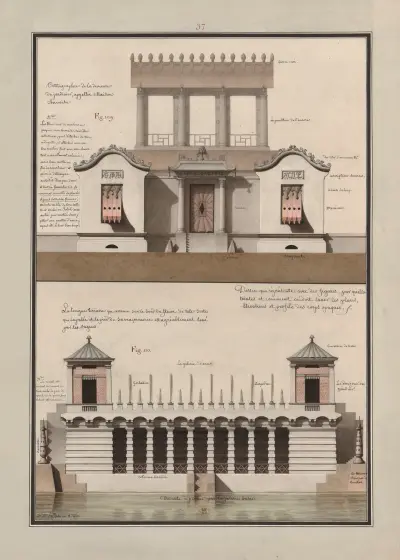 Dessin qui représente avec des figures, par quelle(s) teintes, et comment on doit laver les plans, élévations et profils des corps opaques, 1777 – nr 8 av Jean Jacques Lequeu