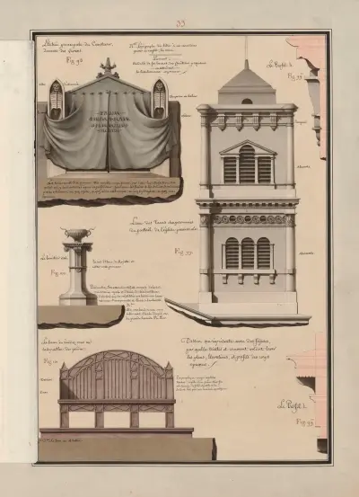 Dessin qui représente avec des figures, par quelle(s) teintes et comment on doit laver les plans, élévations, et profils des corps opaques, 1777 – nr 1 av Jean Jacques Lequeu