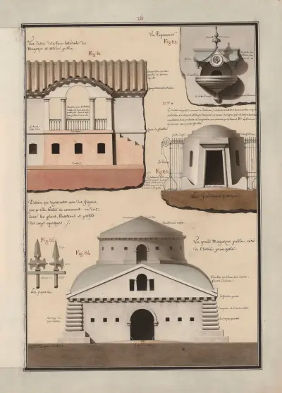 Dessin qui représente avec des figures, par quelle(s) tintes et comment on doit laver les plans, élévations et profils des corps opaques, 1777 – nr 1 av Jean Jacques Lequeu