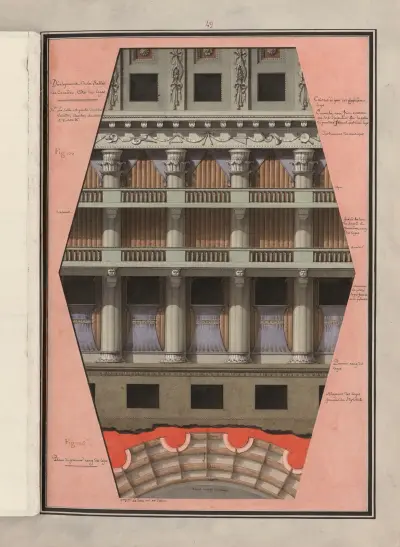 Développement de la salle de comédie, côté des loges ; Plan du premier rang des loges av Jean Jacques Lequeu
