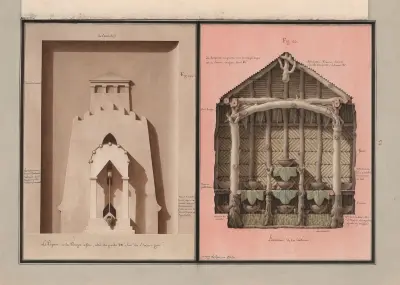 Le pignon de la pompe à feu, côté du puits est sur la basse-cour ; L’intérieur de la laiterie av Jean Jacques Lequeu