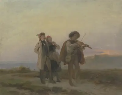 Abendlicher Spaziergang, Geiger und Bauernpaar auf den Feldern von Jakob Becker