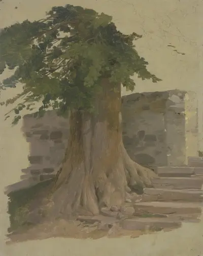 Alter Baum an einem Mauerstück von Jakob Becker