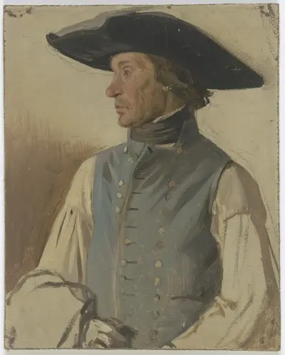 Bauer mit großem Hut und blauer Weste von Jakob Becker
