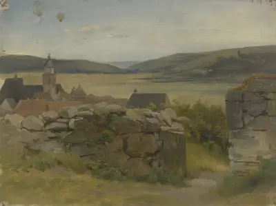 Kleines Dorf mit Blick auf Wiese von Jakob Becker