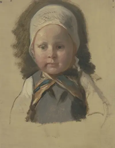 Kleines Kind mit weißem Häubchen. von Jakob Becker