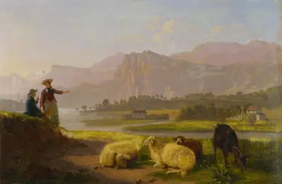 Lakeside near Lucerne with Grazing Flock av Johann Jakob Biedermann