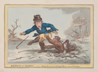 Elements of skateing. Making the most of a passing friend in a case of emergency!. av James Gillray