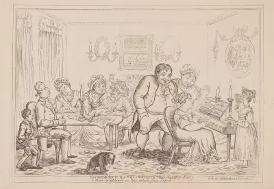 Farmer Giles & his wife shewing off their daughter Betty to their neighbors on her return from school av James Gillray