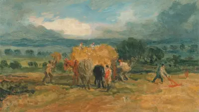 A Harvest Scene with Workers Loading Hay on to a Farm Wagon av James Ward
