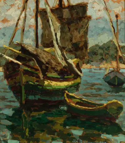 Alte Brigantine und zwei Boote von Jan Bohuszewicz