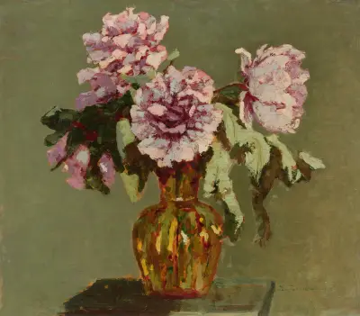 Pfingstrosen und kleine gelbe Blumenvaase von Jan Bohuszewicz