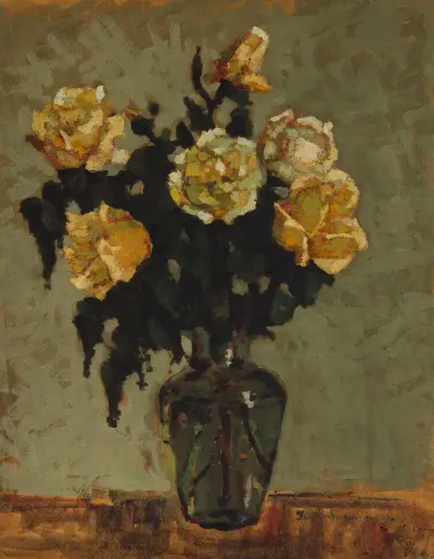 Teerosen in grüner Vase von Jan Bohuszewicz