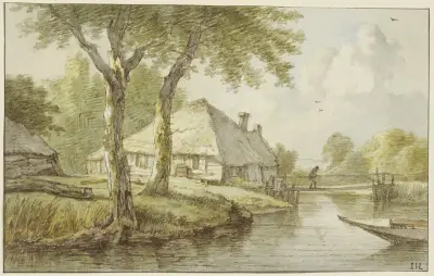 Bei zwei Bäumen ein Haus am Wasser, ein Steg, rechts die Spitze eines Kahnes von Jan Hulswit