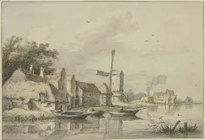 Dorf mit einer Windmühle am Wasser von Jan Hulswit