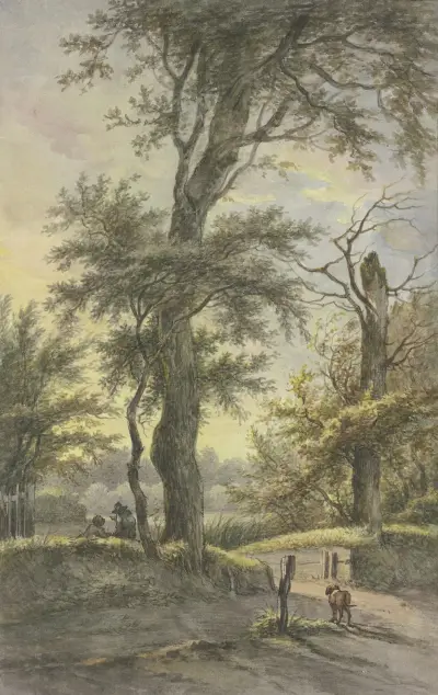 Eiche, darunter zwei Männer auf dem Weg, ein Hund bei einem Pfahl, im Licht der Abendsonne von Jan Hulswit