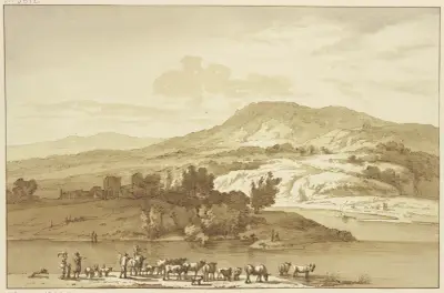Fluß mit Herde, im Hintergrund Berge von Jan Hulswit