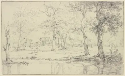 Landschaft, vorne Wasser, unter vielen Bäumen ein Haus mit Zaun von Jan Hulswit