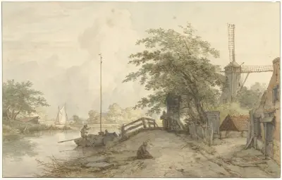 Landschap met bruggetje en huis aan weg langs een water von Jan Hulswit