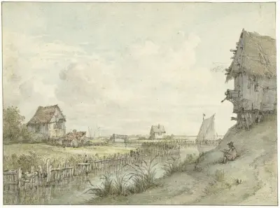 Rivierlandschap met schetsende tekenaar tussen hutjes von Jan Hulswit