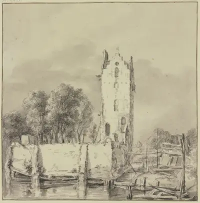 Turm bei einer Mauer, von Wasser umgeben von Jan Hulswit