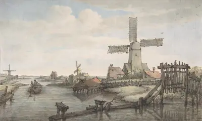 View of a Canal with Three Windmills von Jan Hulswit