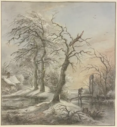 Winterlandschaft, ein Wanderer überquert auf einem Steg einen Bach von Jan Hulswit