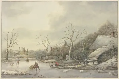 Winterlandschaft mit Schlittschuhläufern auf einem Kanal von Jan Hulswit