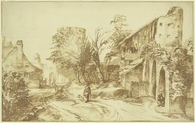 Dorfansicht, rechts eine alte Stadtmauer av Jan Lievens
