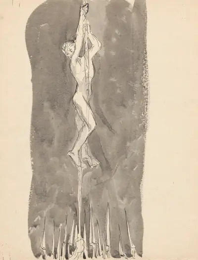 Naked man climbing a rope von Jan Rembowski