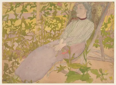 Woman resting on a deck chair av Jan Rembowski