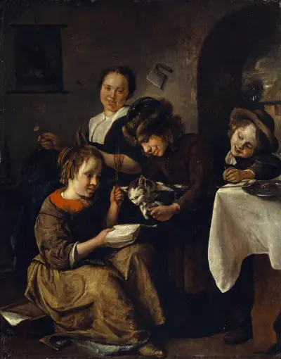Children Teaching a Cat to Read av Jan Steen