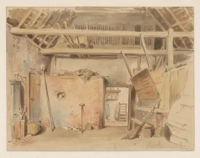 Interieur van een boerenschuur met doorkijk naar de keuken av Jan Striening