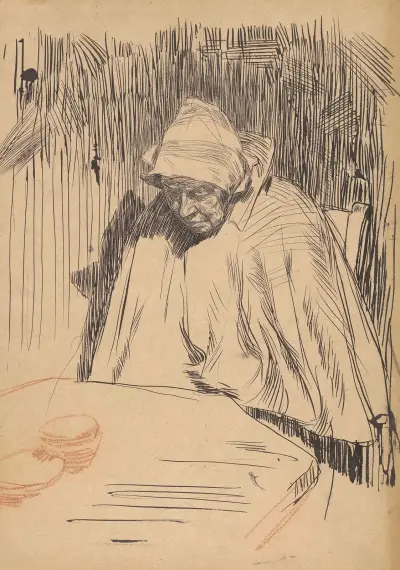 Oude vrouw aan tafel (Malle Teun) av Jan Veth