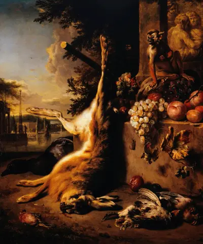 Gibier mort, singe et fruits devant un paysage av Jan Weenix