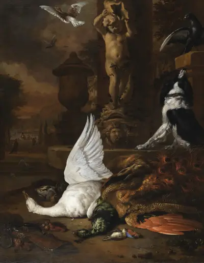 Still life with dead swan, a peacock and a dog by a garden fountain av Jan Weenix