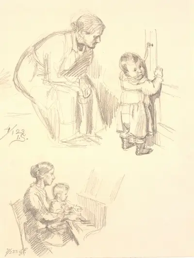 To figurstudier. Øverst en siddende kvinde som iagttager et barn ved en dør; nederst en kvinde med et banr ved klaveret av Joakim Skovgaard