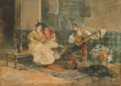 Dvě ženy v interiéru poslouchající kytaristu, Joaquín Sorolla