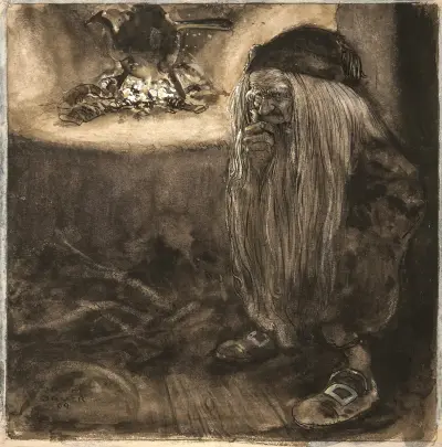 Wichtel am Kamin von John Bauer