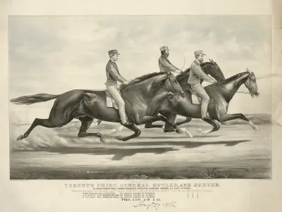 Toronto Chief, General Butler, and Dexter; in their great race under Saddles, over the Fashion Course, L.I. July 19th, 1866 av John Cameron
