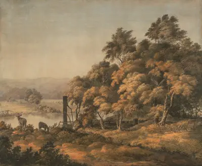 An extensive river landscape with donkeys av John Glover